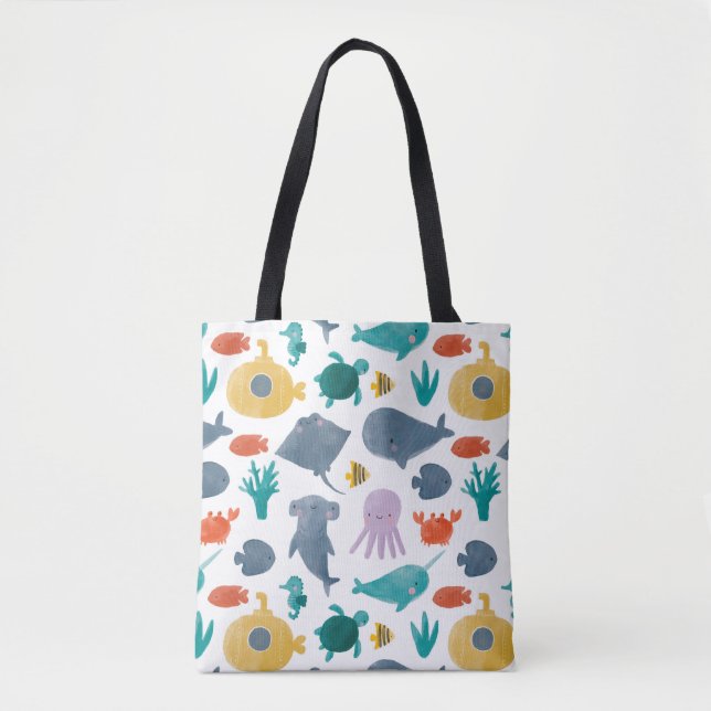 Cute Watercolor Ocean Animals Pattern Tote Bag (Front)