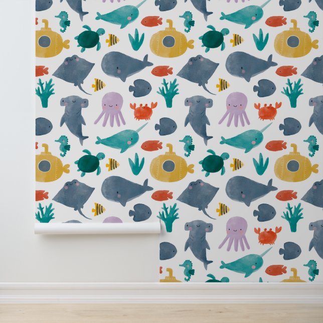 Cute Watercolor Ocean Animals Pattern Wallpaper (Application)