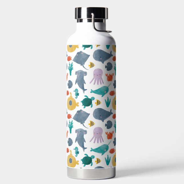 Cute Watercolor Ocean Animals Pattern Water Bottle (Left)