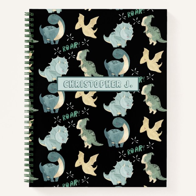 Cute Watercolor on Black Dinosaur Pattern Notebook (Front)