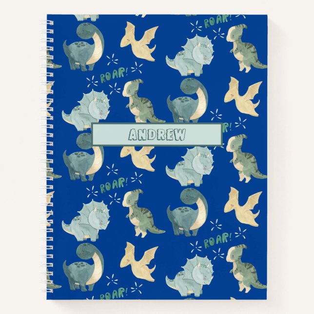 Cute Watercolor on Blue Dinosaur Pattern Notebook (Front)