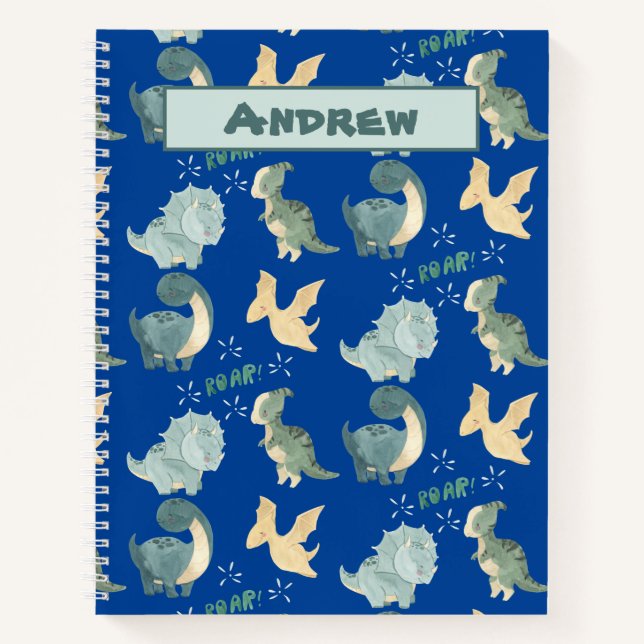 Cute Watercolor on Blue Dinosaur Pattern Notebook (Front)