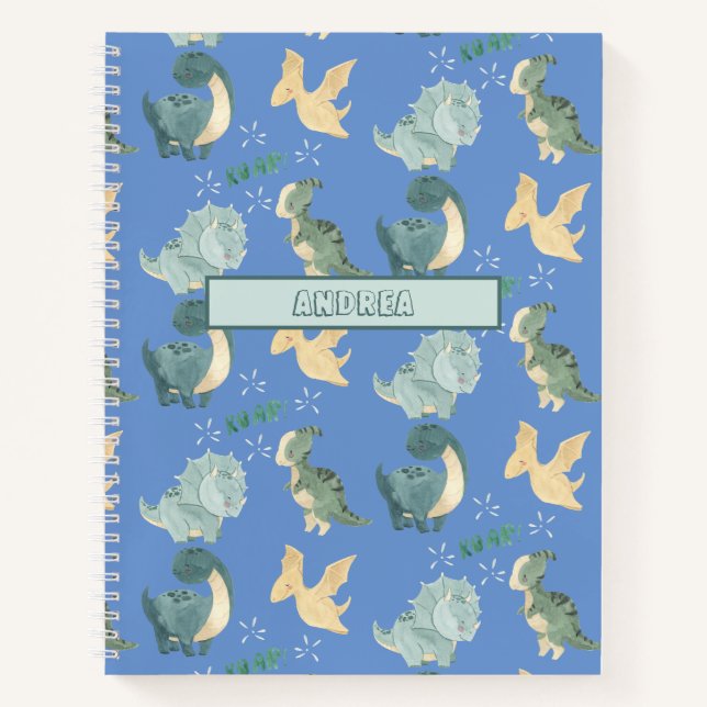 Cute Watercolor on Light Blue Dinosaur Pattern Notebook (Front)