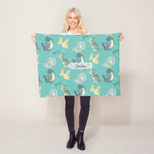 Cute Watercolor on Light Teal Dinosaur Cloud Name Fleece Blanket