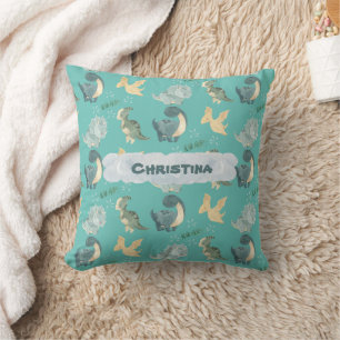 Cute Watercolor on Light Teal Dinosaur Cloud Name Throw Pillow
