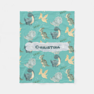 Cute Watercolor on Light Teal Dinosaur Fleece Blanket