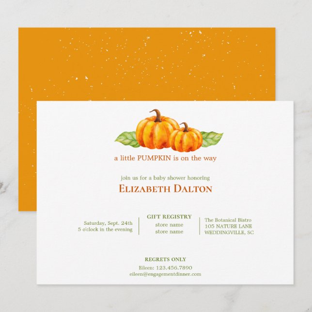 Cute Watercolor Orange Pumpkins Baby Shower Invitation (Front/Back)