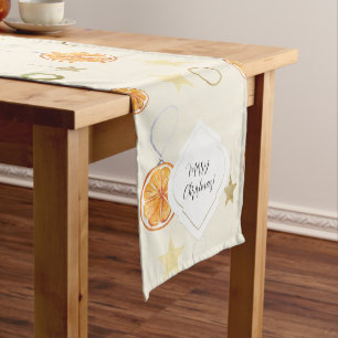 Cute Watercolor Oranges and Stars On Beige Short Table Runner