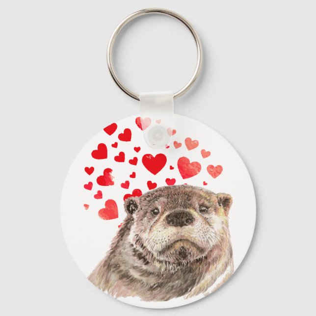 Cute Watercolor Otter Hearts Love Animal Humour  Keychain (Front)