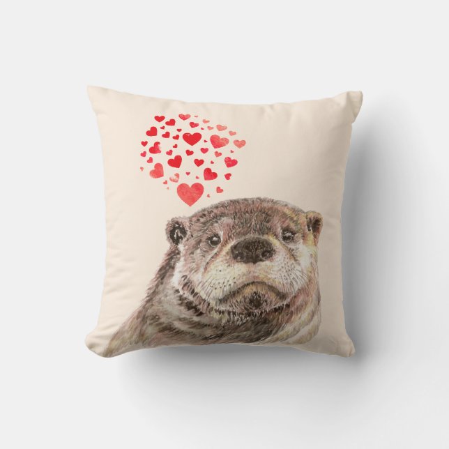 Cute Watercolor Otter Hearts Love Animal Humour  Throw Pillow (Front)
