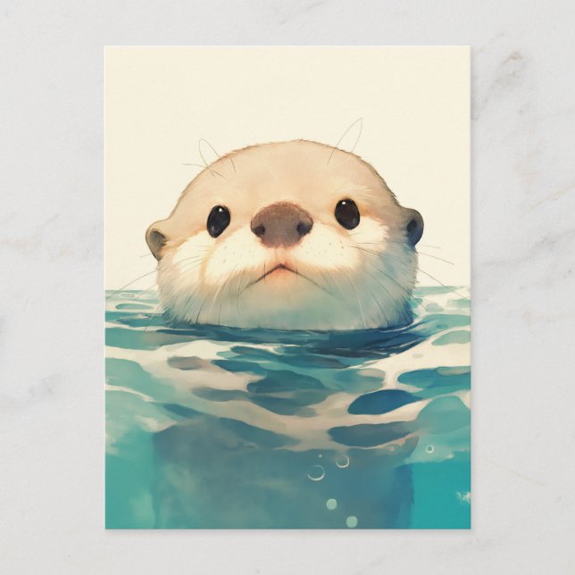 Cute Watercolor Otter Peeking Water Postcard (Front)