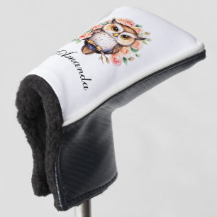 Cute Watercolor Owl and Leafy Roses Golf Head Cover