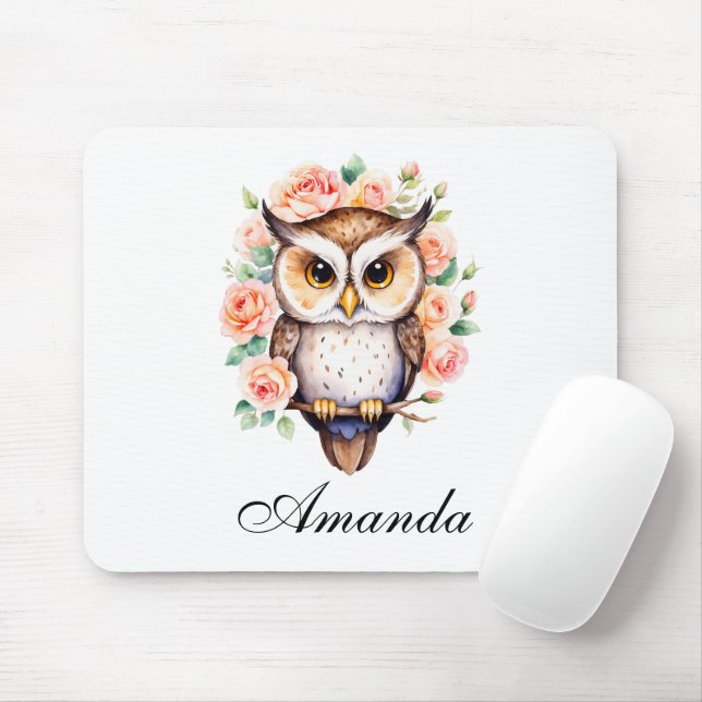 Cute Watercolor Owl and Leafy Roses Mouse Pad (With Mouse)