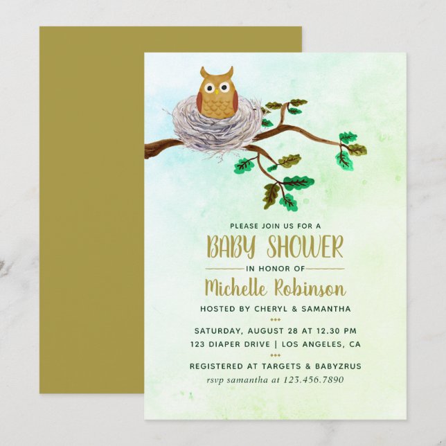 Cute Watercolor Owl Baby Shower Party Invitation (Front/Back)
