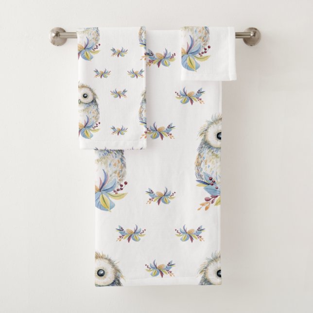 Cute watercolor Owl Bath Towel Set (Insitu)