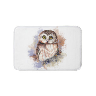 Cute Watercolor Owl Bird Nature art Bath Mat