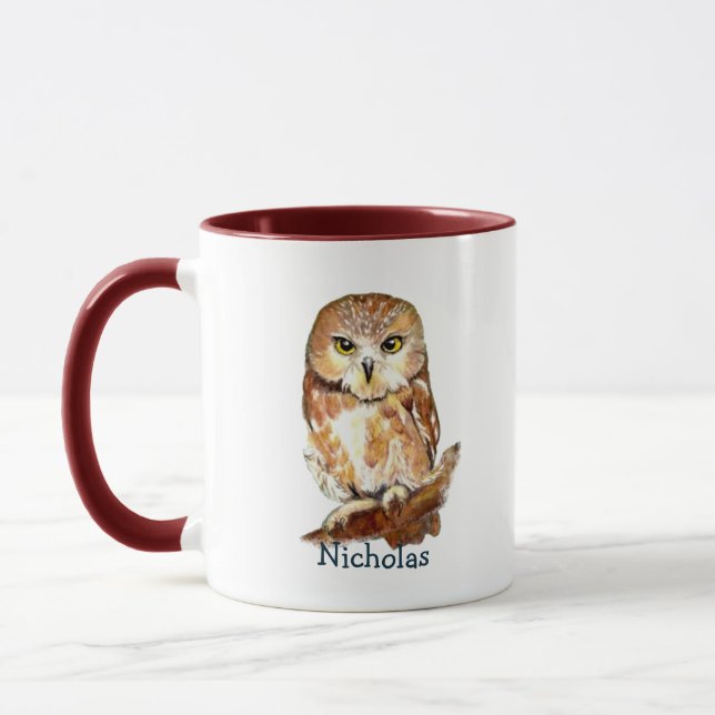 Cute Watercolor Owl  Bird Nature Art Mug (Left)