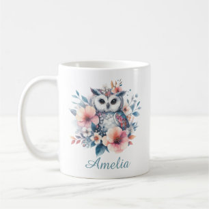 Cute watercolor Owl Cherry Blossoms Personalized Coffee Mug
