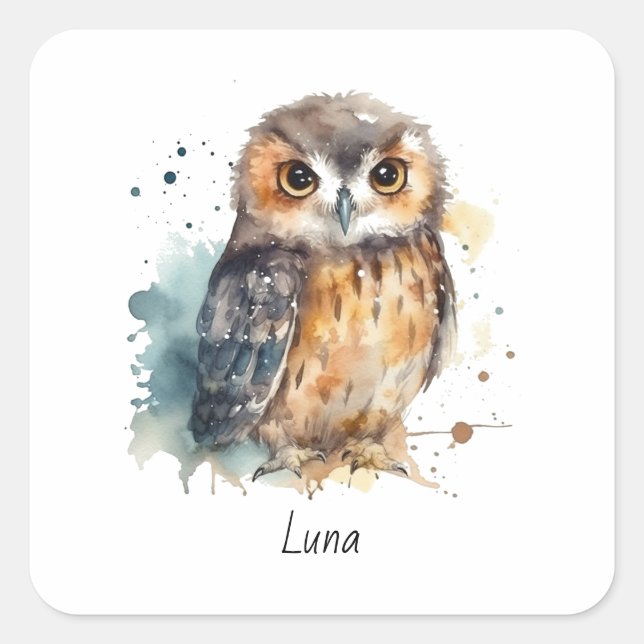 Cute Watercolor Owl, custom Square Sticker (Front)