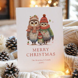 Cute Watercolor Owl Family Christmas Holiday Card