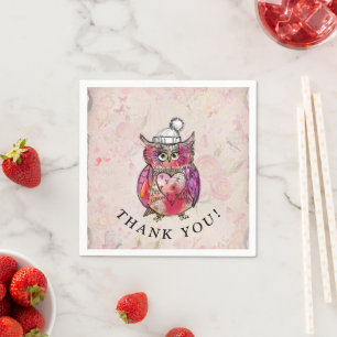 Cute Watercolor Owl Floral Pattern Birthday Party Napkin