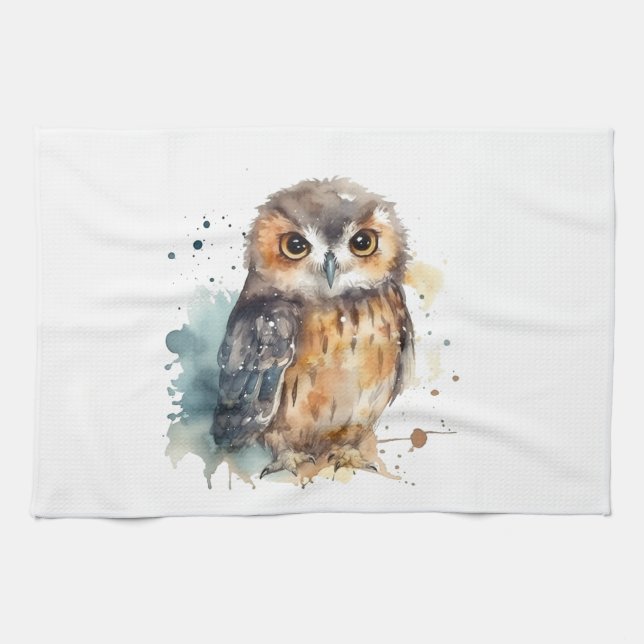Cute Watercolor Owl Kitchen Towel (Horizontal)