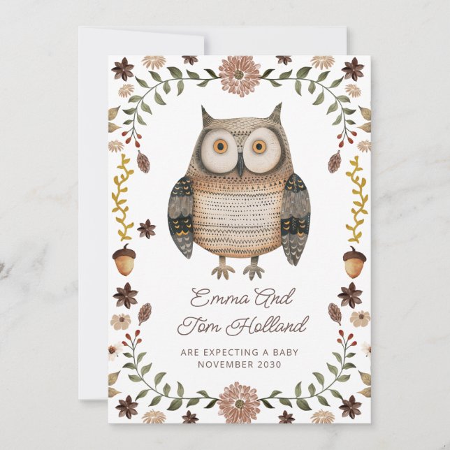 Cute Watercolor Owl Pregnancy Announcement (Front)