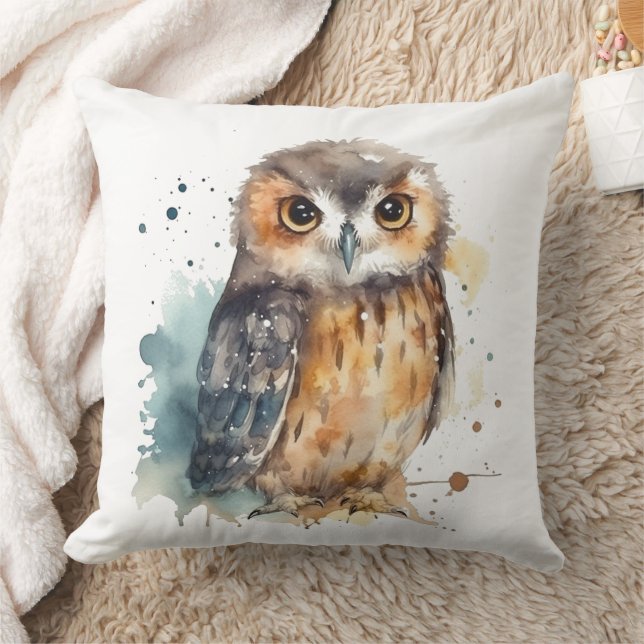 Cute Watercolor Owl Throw Pillow (Blanket)