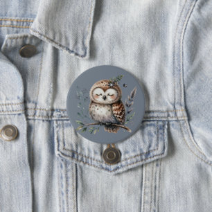 Cute Watercolor Owl with Floral Woodland Style 3 Inch Round Button