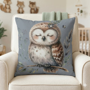 Cute Watercolor Owl with Floral Woodland Style Throw Pillow