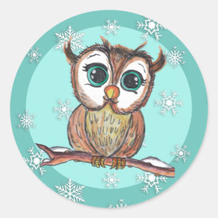 Cute Watercolor Owl with Snowflakes Teal Classic Round Sticker