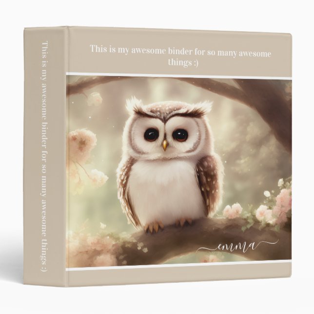 Cute Watercolor Owl Woodland Forest Beige Name Binder (Front/Spine)