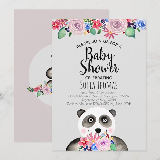 Cute Watercolor Panda Bear and Flowers Baby Shower Invitation (Front/Back)