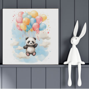 Cute Watercolor Panda Bear Big Balloons Nursery Faux Canvas Print