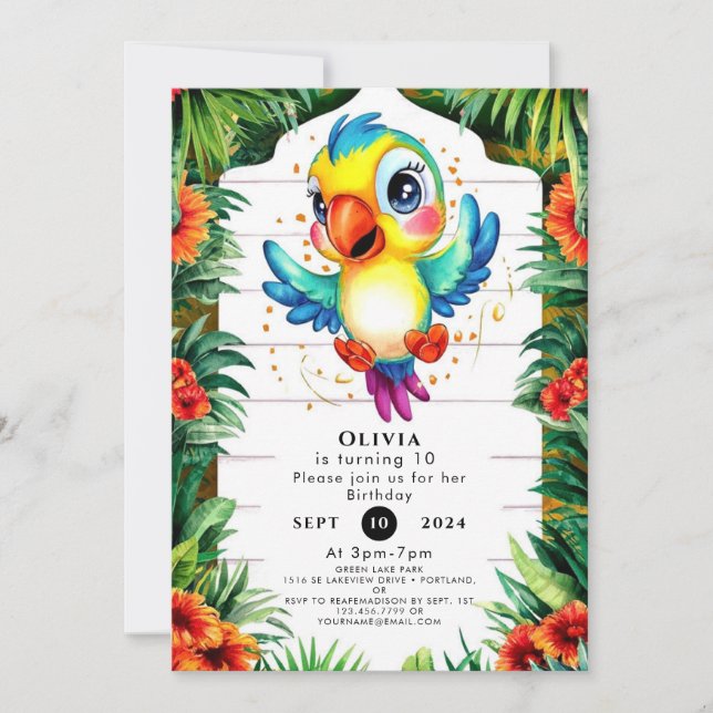 Cute Watercolor Parrot Birthday Invitation (Front)