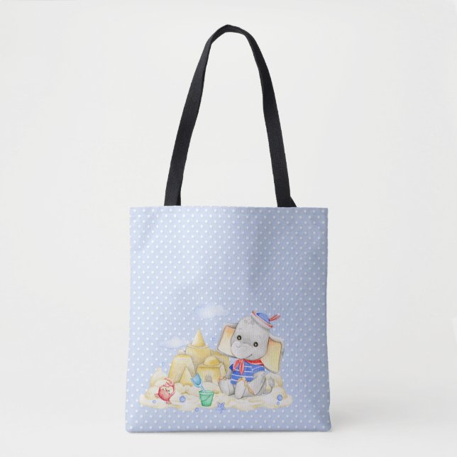 CUTE WATERCOLOR PASTEL ELEPHANT ON THE BEACH TOTE BAG (Front)