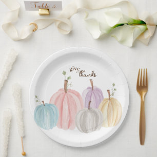 Cute Watercolor Pastel Pumpkins Give Thanks Paper Plate