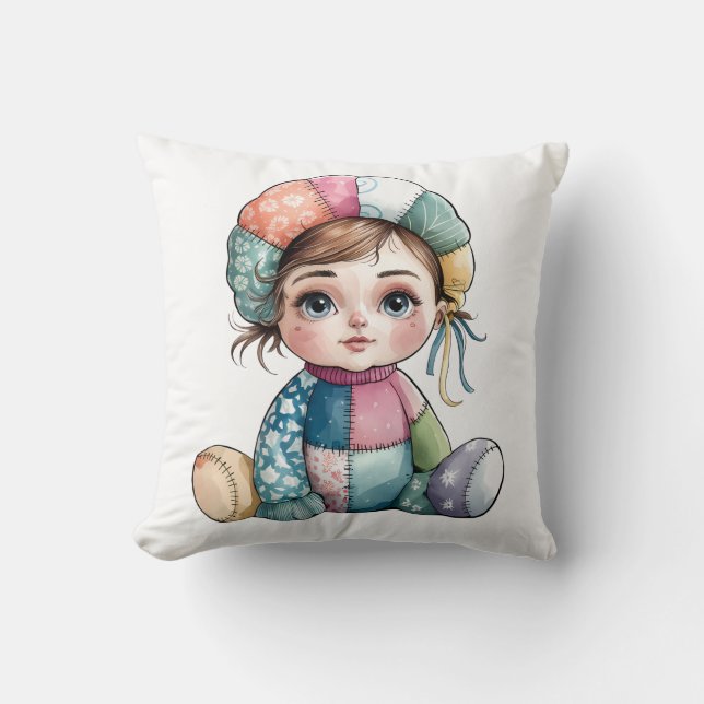 Cute Watercolor Patchwork Baby Snow Woman Throw Pillow (Front)