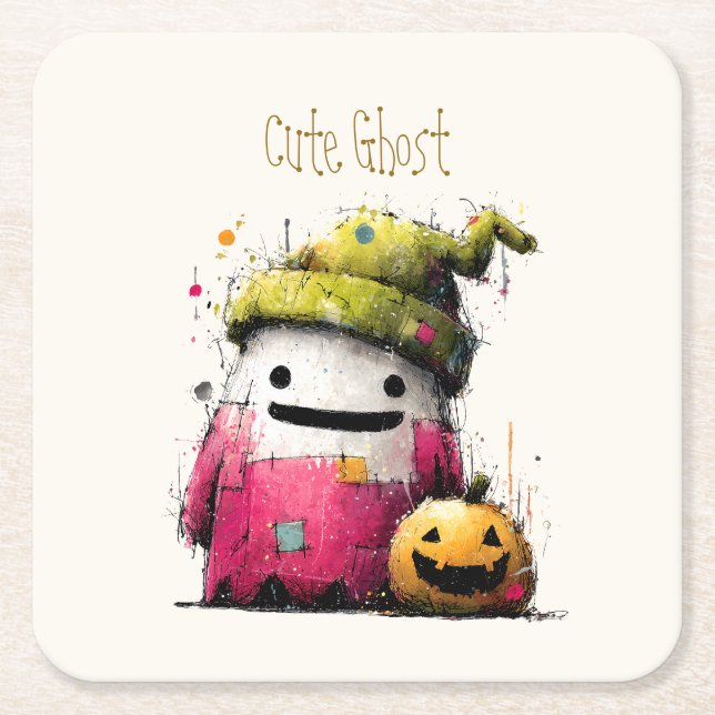 Cute Watercolor Patchwork Ghost Hallow Square Paper Coaster (Front)