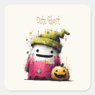 Cute Watercolor Patchwork Ghost Hallow Square Sticker