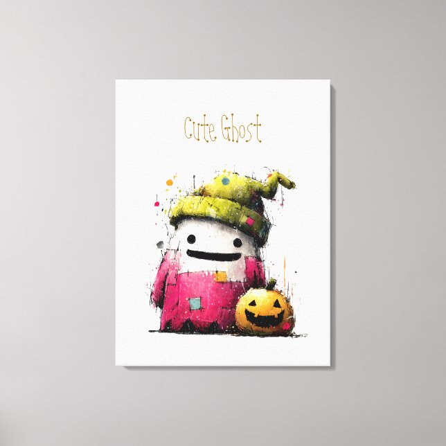 Cute Watercolor Patchwork Ghost Halloween Canvas Print (Front)