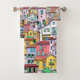 Cute watercolor pattern of houses in multicolor bath towel set