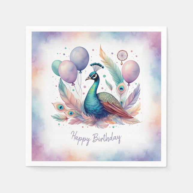 Cute Watercolor Peacock Balloons Birthday  Napkin (Front)