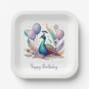 Cute Watercolor Peacock Balloons Birthday  Paper Plate