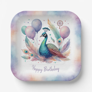 Cute Watercolor Peacock Balloons Birthday  Paper Plate