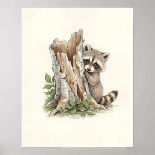 Cute Watercolor Peeking Raccoon Woodland Art Poster