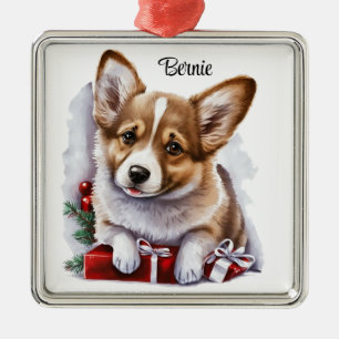 CUTE WATERCOLOR PEMBROKE WELSH CORGI PUPPY METAL ORNAMENT