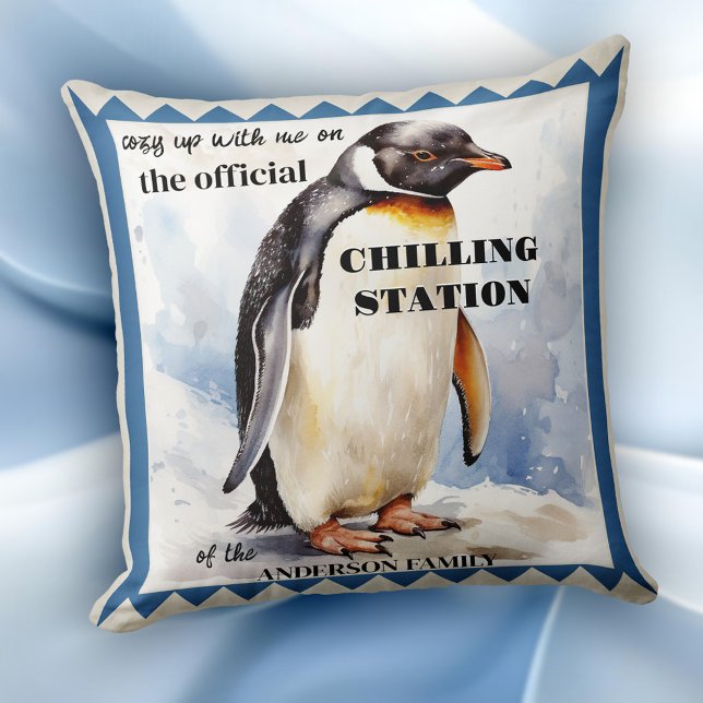 Cute Watercolor Penguin Chilling Station Throw Pillow (Winter pillow featuring a watercolor painting of a cute penguin with your own funny texts)