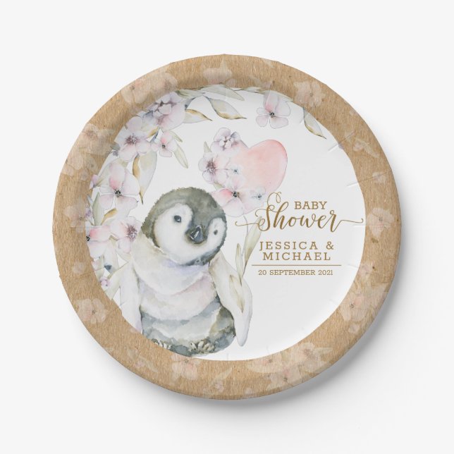 Cute Watercolor Penguin Gender Neutral Baby Shower Paper Plate (Front)