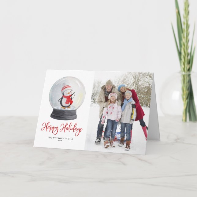 Cute Watercolor Penguin Snow Globe Photo Holiday Card (Front)